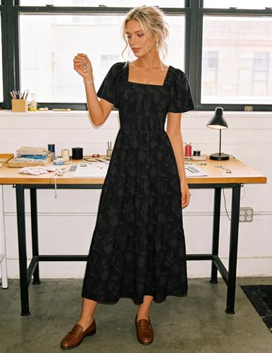 Image of ZESICA Women's Summer Boho Floral Midi Dress 2026 Casual Short Sleeve Square Neck Flowy Beach Vacation Long Dress