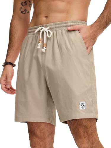 JEMLDL Mens Khaki Cotton Linen Beach Shorts 7" Drawstring Elastic Waist Casual Summer Beach Wear with Pockets Small — view 2