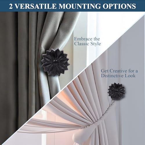 The Metal Magician Wall Mounted Floral Curtain Holdbacks (Pack of 2) - Boho Flowery Curtain Holders for Living Room, Bedroom, Office Drapes - Farmhouse Tiebacks for Curtains (Black Blossom) by The Metal Magician - Image 5