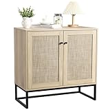 GarveeMore Rattan Sideboard Kommode Mit 2 Rattantüren, Küchenschrank Buffet Mit Verstellbare Einlegeböden, Beistellschrank Aus Holz, Aufbewahrungsschrank Für Küche, Wohnzimmer, 80x38x78cm