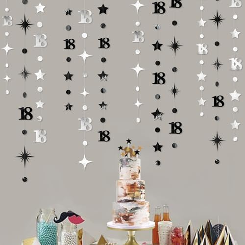 Image of Silver Black 18th Birthday Decorations Number 18 Circle Dot Twinkle Star Garland Streamer Banner Backdrop for Girls Boys Happy 18th Birthday Time to Adult Cheers to 18 Years Old Anniversary Party