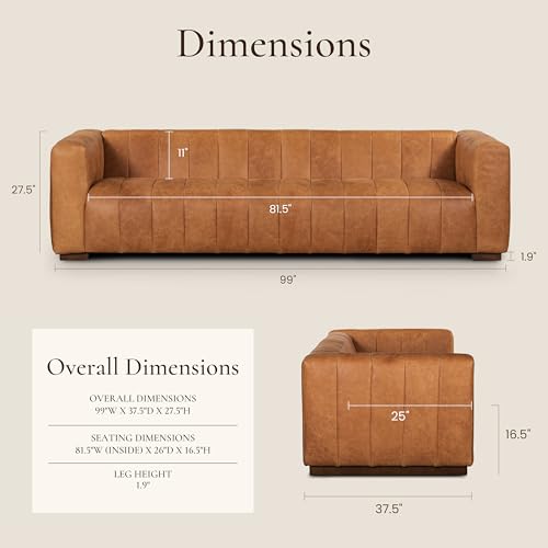 Poly & BARK Canale 99” Sofa – Modern 3-Seater Couch for Living Rooms – Performance Fabric Upholstery, High-Density Foam Cushions, Tapered Legs, Minimal Assembly – Cognac Tan - Thumbnail 2
