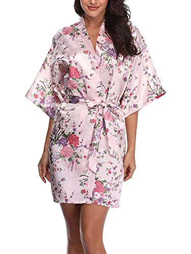 M.Mystery Women s Floral Robe Short Silk Bridal Bathrobe Satin Kimono Wedding Sleepwear Light Pink
