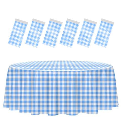 HEIPINIUYE 6 Pack Blue and White Round Checkered Tablecloth 84 × 84 Blue Plaid Table Cover Disposable Tablecloth for Round Tables Party Picnic Camping Birthday Plastic Gingham Table Cloth
