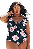 CUPSHE Women's Romantic Floral Ruffles V Neck Plus Size One Piece Swimsuit, 1X