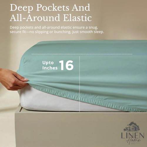 Image of Linen Home 2-Pack King Sheet Set, 100% Cotton Percale Bedding, 8-Piece Value Bundle, Deep Pocket Cooling Bed Sheets for Hot Sleepers, Breathable & Crisp Hotel Quality, Long-Staple Cotton, Aqua Blue