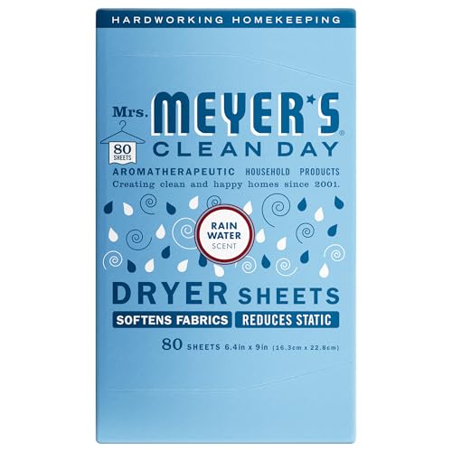 Mrs. Meyer's Dryer Sheets, Fabric Softener, Reduces Static, Cruelty Free Formula Infused with Essential Oils, Rain Water Scent, 80 Count