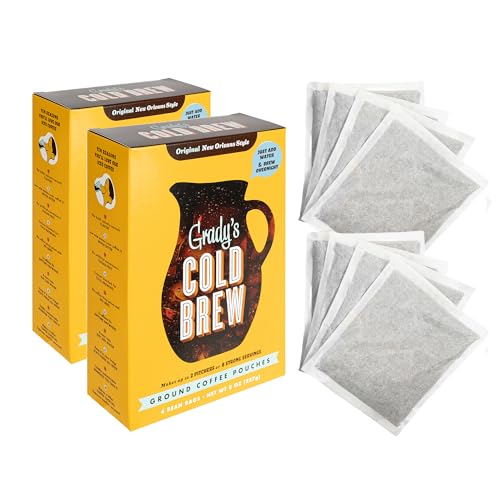 GRADY’S COLD BREW, New Orleans Style, 100% Arabica Ground Coffee & Chicory Pouches, TWO Boxes of Four Easy-to-Brew Bean Bags, Makes 24 drinks