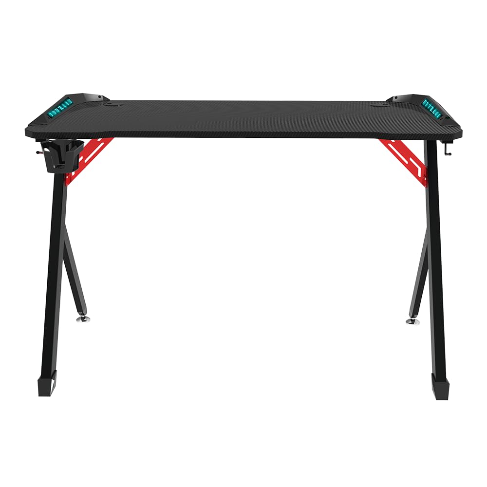Mesa Gamer con LED, 113 x 60 x 75 cm, Superficie Resistente, Gestión de Cables, Negro