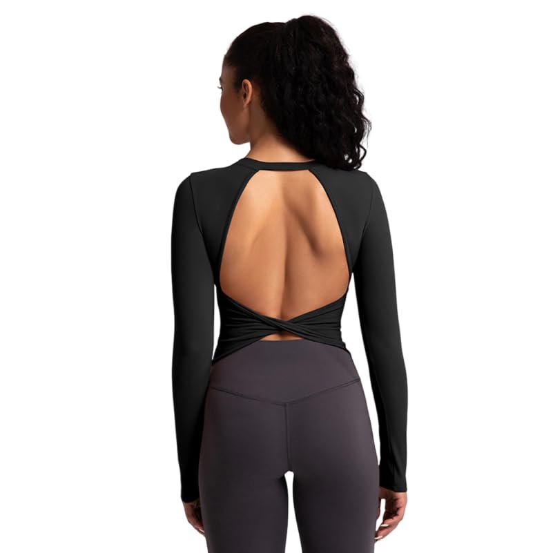 Sportshirt Damen Langarm rückenfrei: Oberteil Twist zurück Top mit feste Cups - Sexy Sommer Shirt für Yoga Fitness Gym schwarz S