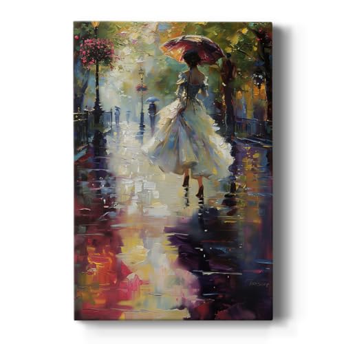 Renditions Gallery Wall Art Paintings & Prints Woman with Umbrella Spring Flowers Vibrant Colors Wall Hangings Canvas for Lounge Kitchen Bedroom - 12" X 18" LT566