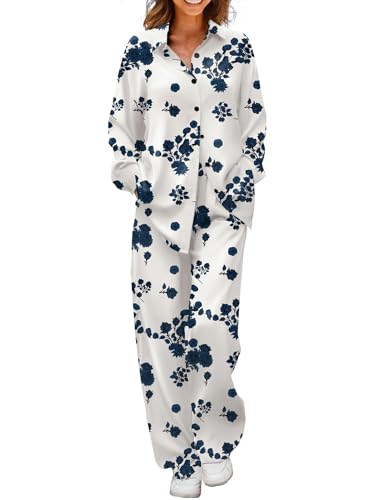 Image of Ekouaer Womens Satin Silky Pajama Set 2 Piece Print PJs Soft Loungewear Button Down Sleepwear with Elastic Waist Long Pants