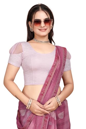 Image of SFT Women's Organza Patch Readymade Saree Blouse with Round Neck Half Sleeves Abstract Pattern Pull On Closure Regular Fit and Standard Length