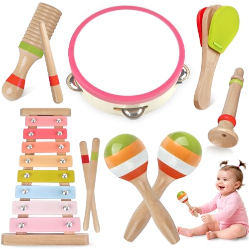 Musikinstrumente für Mädchen–Montessori-Holzspielzeuge für Kleinkinder 1-3 Jahre, Schlagzeug-Set mit Xylophon, Vorschulspielzeug ab 3 Jahren, Weihnachts- & Geburtstagsges. für 1-3-jährige Mädchen