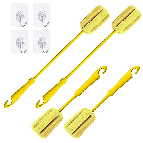 Image of 4PCS Yellow Soft Sponge Bottle Cleaning Brush Plastic Handle Cup Brush Scrubber Washing Brush vase Bottle Pot Cleaner(2 Size 10 inch15 inch)