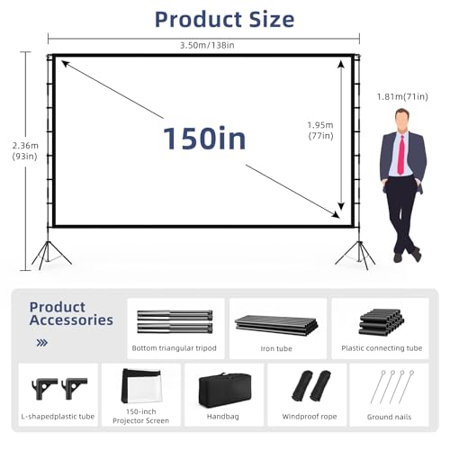 Image of 150 Inch Projector Screen with Stand, 16:9 4K HD Portable Outdoor /Indoor Movie Screen, Anti-Wrinkle Polyester Fabric with Carry Bag for Home Theater Backyard Camping