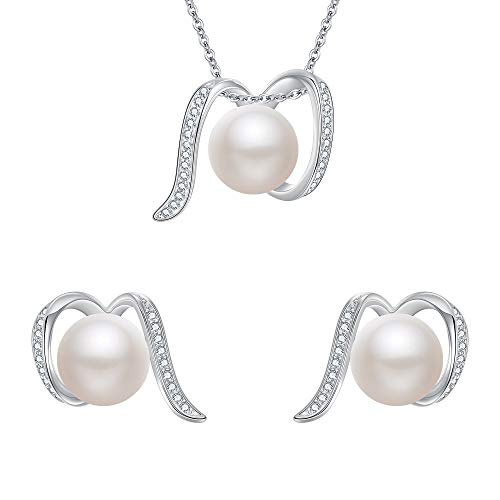 EleQueen 925 Sterling Silver CZ Cream Freshwater Cultured Pearl Ribbon Bridal Necklace Stud