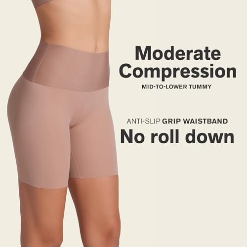 Leonisa Stay-in-Place Seamless Shaper Shorts for Women - High Waisted Shapewear Tummy Control - Anti-chafing Slip Shorts Brown