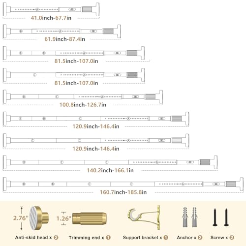 Image of Gold Tension Curtain Rod 41-185In(4-15Ft), Extra Long Outdoor Curtain Rod No Drilling for Window or Patio, Heavy Duty Shower Rod for Bathroom,Rod Diameter 1.26In-One-bond stretching