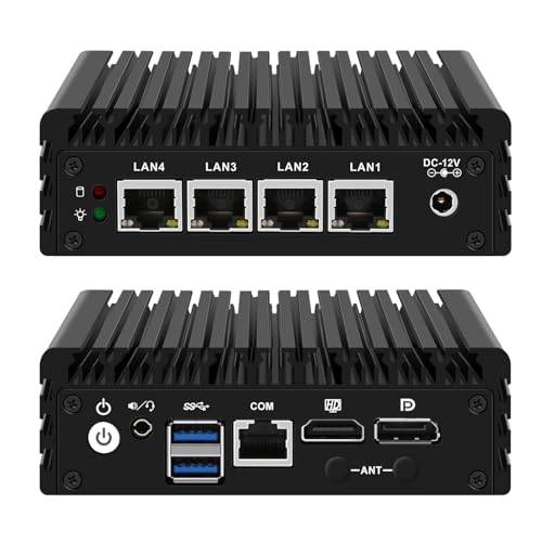 Glovary Firewall Mini PC J3710 Quad Core, 4 x i225V 2.5GbE LAN Fanless OPNsense Appliance, 8GB RAM 128GB SSD, Micro Router Computer Hardware, AES-NI, HD+DP Dual Display, Console, 2USB3.0, SPK/MIC