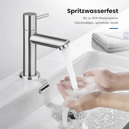 Ibergrif Einhebel Kaltwasserhahn Waschbecken, Waschtischarmatur aus SUS 304 Edelstahl für Gäste-WC, Garten & Camping, Einlochmontage, Gebürstet, inkl. G1/2 & G3/8 Adapter, M18103