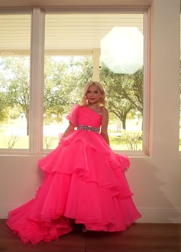 One Shoulder Girls Pageant Dress Long Crystals Organza Princess Party Ball Gowns Teen Formal Dress PT1503