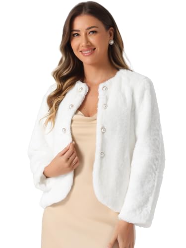 Allegra K Mujer Chaqueta De Abrigo De Piel Sintética Chaqueta Corta Esponjosa Botones De Perlas Y Bolsillos De Manga Larga Prendas De Vestir Exteriores 2024 Blanco L