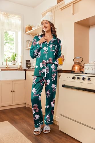 Image of Ekouaer Women's Classic Button Down Long Satin Silk Pajama Set