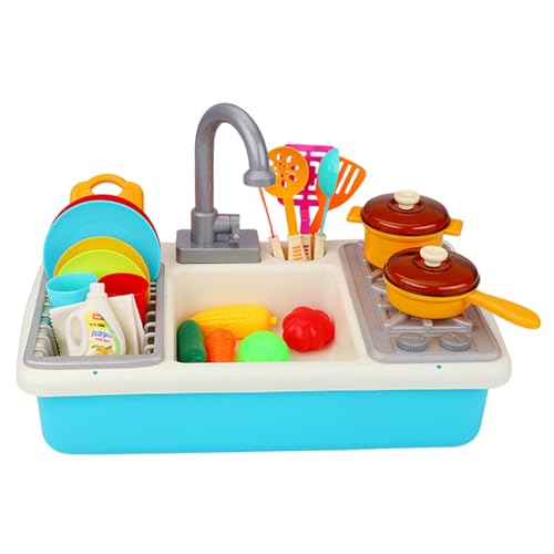 Évier de jeu pour tout-petits avec eau courante et ensemble jouets cuisine bleu pour enfants