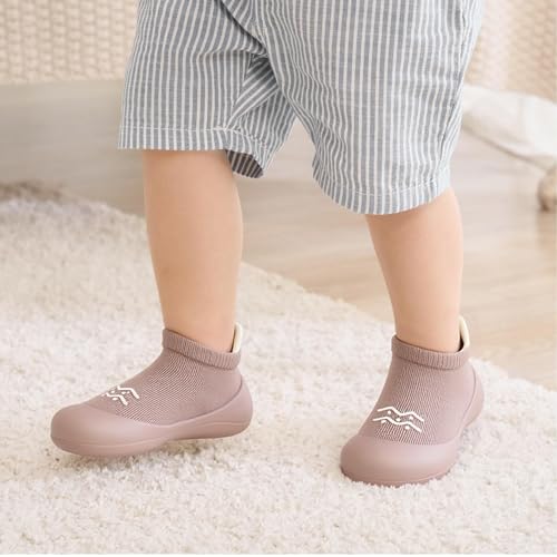 Image of Baby Sock Shoes Baby Walking Shoes Infant Non-Slip Breathable Slippers with Soft Rubber Sole Baby Boys Girls Sneakers Khaki Waves 18-24 Months