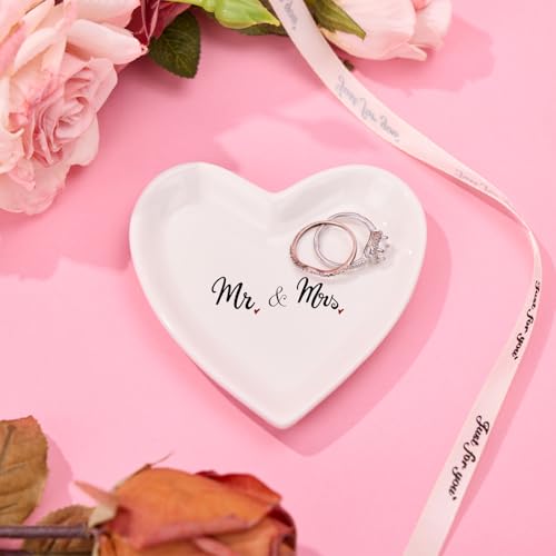 Roycraft Mr & Mrs Jewelry Dish Ring Gift Heart Shape Ceramic Jewelry Plate Ring Dish Valentine Jewelry Tray Engagement Tray Wedding Trinket Dish