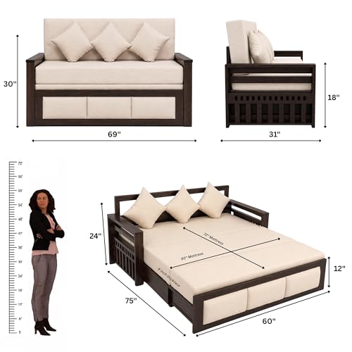 Image of SONA ART & CRAFTS Zeus Sheesham Wood 3 Seater Sofa Cum Bed | Wooden 3 Seater Sofa for Living Room Wooden Furniture Sofa Bed for Home (Walnut Finish)