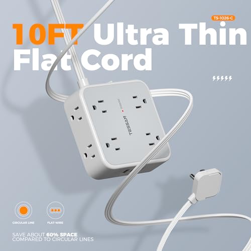 Image of TESSAN Surge Protector Power Strip, 10 Ft Flat Plug Extension Cord with 3 USB (1 USB C) 8 Outlets, 1250W, 900J Protection, 3 Sided Outlet Extender with Ring Plug for Office, Dorm Room, Grey