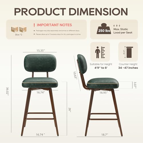 Image of MALOL 26 inch Swivel Bar Stools Set of 4, Mid Century PU Leather Counter Height Bar Chairs with Low Back and Metal Legs, Modern Bar Stool Chair for Kitchen Island, Green