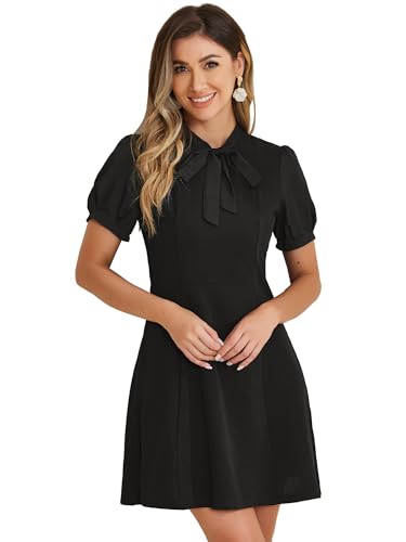 Allegra K Elegant Dresses for Women's Tie Neck Puff Short Sleeve Office Work Dress