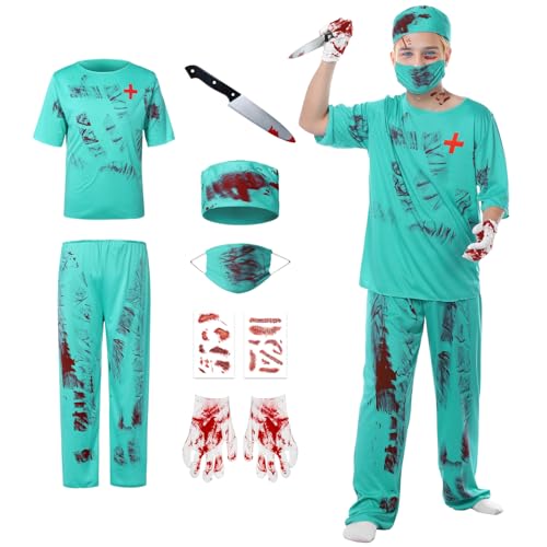 Joyesplay Zombie Arzt Kostüm Erwachsene Kinder Lutiger Arzt 6 Teiliges Set Halloween Kostüm Damen Herren Kinder Zombie Chirurg Cosplsy Teufels Chirurg Herren Kostüm