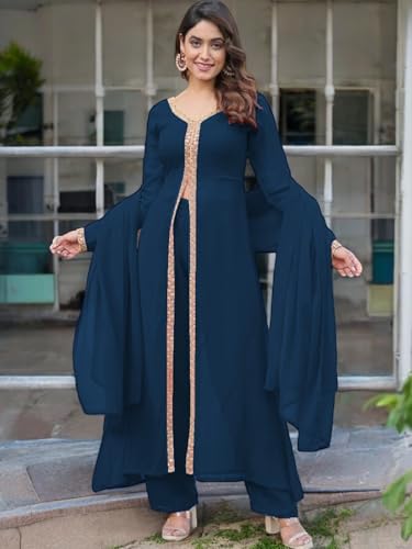 Image of Elegant Women?s Ethnic Kurta Set with Intricate Embroidered Lacework - Designer Kurta with Dupatta & Bottom Wear - Perfect for Weddings & Festive Occasions