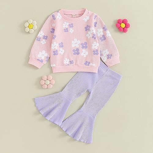 DSORVICD Toddler Girl Fall Clothes Floral Knit Crewneck Sweatshirts Flare Pants Set Bell-Bottoms Outfits2