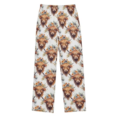 Cute Highland Cow Pattern Long Pajama Pants Elastic Waist PJ Bottoms with Pockets S A1133202