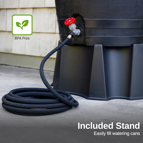 Image of RTS Home Accents 50-Gallon ECO Rain Barrel Made with 100% Recycled Plastic, Flat Back Rain Water Collection Barrel, Stand Included, Black