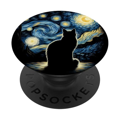 Silhouette chat nuit étoilée Van Gogh Cosmic Feline Art PopSockets PopGrip Adhésif