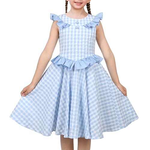 Sunny Fashion Girls Dress Light Blue Gingham Plaid Waist Ruffle Cap Sleeve Party