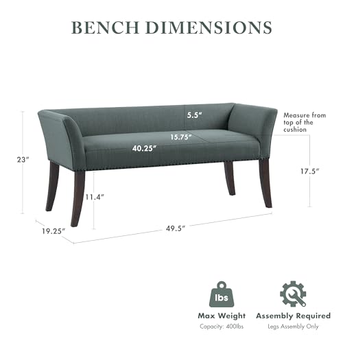 Image of Madison Park Accent Bench, Upholstered with Nailhead Trim, & Padded Seat Entryway Bench Small, End of Bed Bench with Back, 49.5 inch W x 19.25 inch D x 23 inch H, Slate Blue
