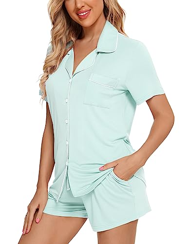 Image of Pjmlifecoco Women's Modal Pajama Set Short Sleeve Button Down Two Piece Soft Sleepwear with Shorts Loungewear S-XXL