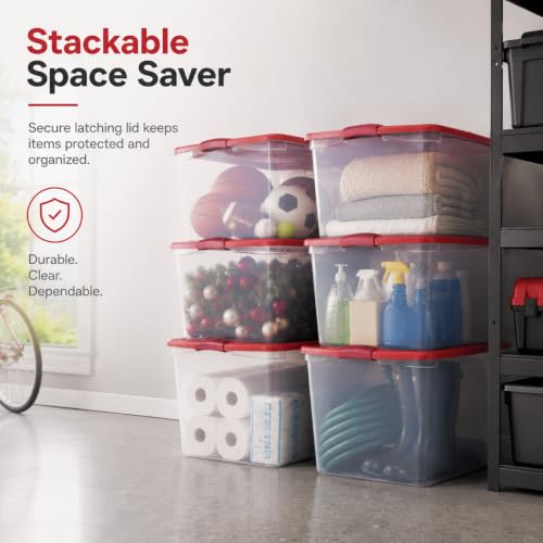 Image of Storage Bins 66 Qt Clear Latching Lid Stackable 6 Pack Red