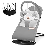 HKAI Baby Bouncer, Portable Baby Bouncer Seat for Babies 0-18 Months, 100% Cotton Fabrics, 3 Modes of use with Rocker and Stationary Options, Infant Rocker Chair with Hanging Toys-Light Grey