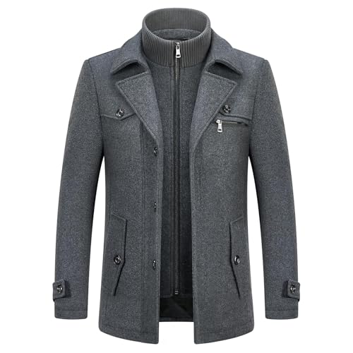KUDORO Herren Wintermantel Wolle Kurzmantel Herren Wollmantel Mittellang Peacoat Winterjacke Slim Fit für Business Freizeit(Grau2,M)