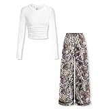 Voxikodex Size 9 10 Years Girls Clothes 2 Piece Waist-Cinching T-Shirt Top Camo High-Waisted Pants Casual Girls Fall Winter Clothing Set(9-10Y)