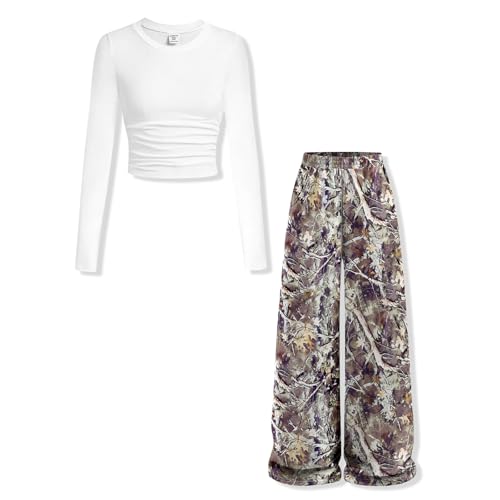 Voxikodex Size 7 8 Years Girls Clothes 2 Piece Long Sleeve T-Shirt Top Camo High-Waisted Pants Fashion Little Girls Fall Winter Outfits Set(7-8Y)