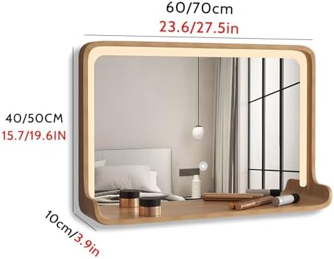 Square Bathroom Vanity Mirror with Shelf, Dimmable LED Lighted Rectangle Mirrors, Wall-Mounted Makeup Mirror Above Sink with Wooden Frame(Natural,60 * 40cm)
